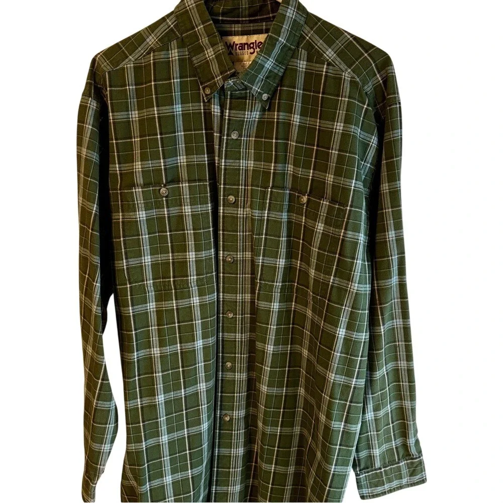 Wrangler Rugged Wear Mens XL Green Plaid Long Sleeve Button Down Shirt WGGH50694